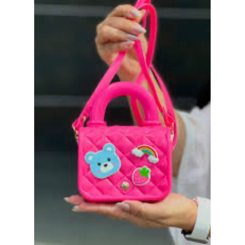 Mini Quilted Silicone Handbag – Bright Pink – Bear, Rainbow & Strawberry – NWT
